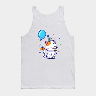 Cute Cat Birthday Party With Balloon Cartoon Tank Top